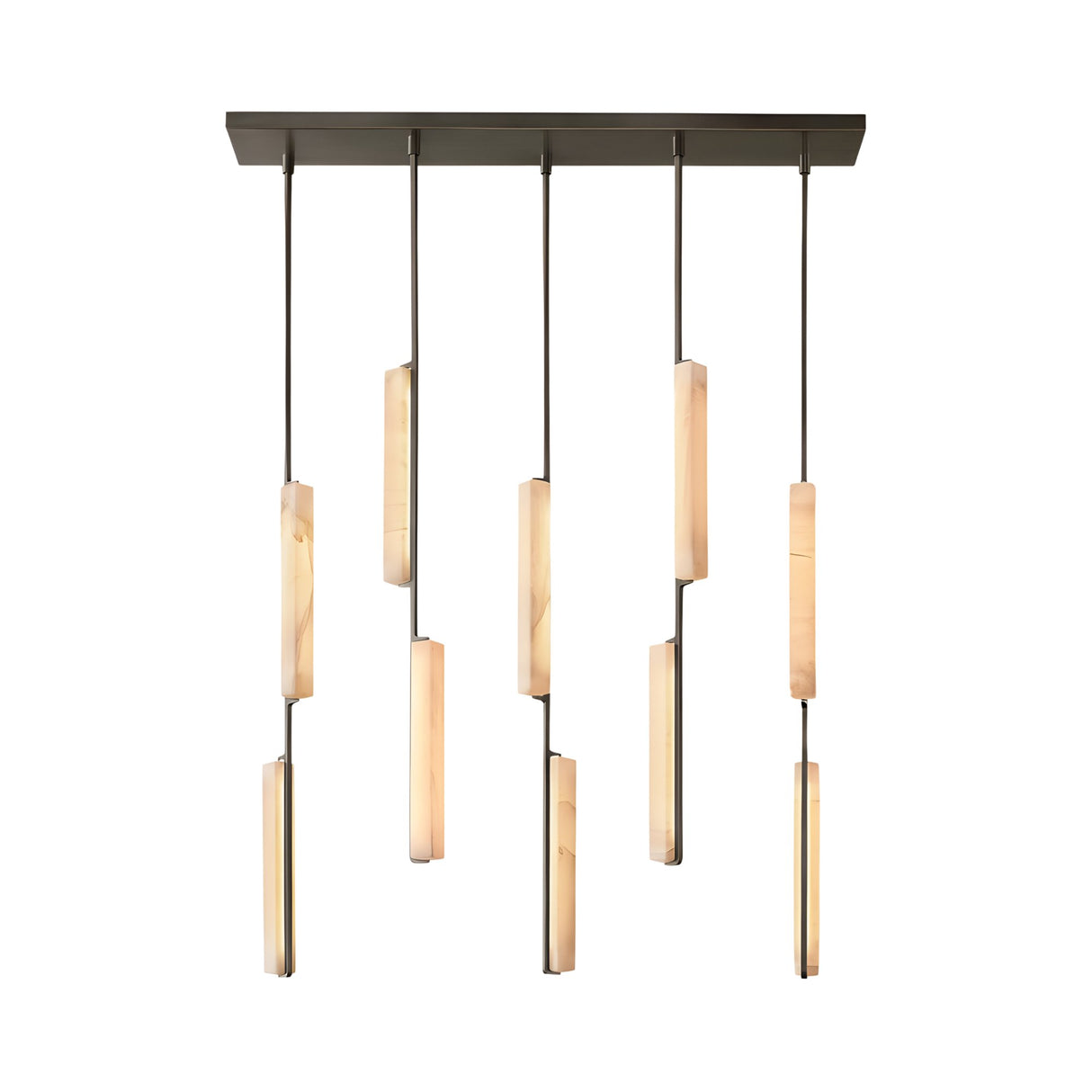 Niori Selvara 10 Light Vertical Alabaster Linear Chandelier in matt black with staggered alabaster batons on a rectangular canopy, plain white background.