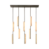Niori Selvara 10 Light Vertical Alabaster Linear Chandelier in matt black with staggered alabaster batons on a rectangular canopy, plain white background.