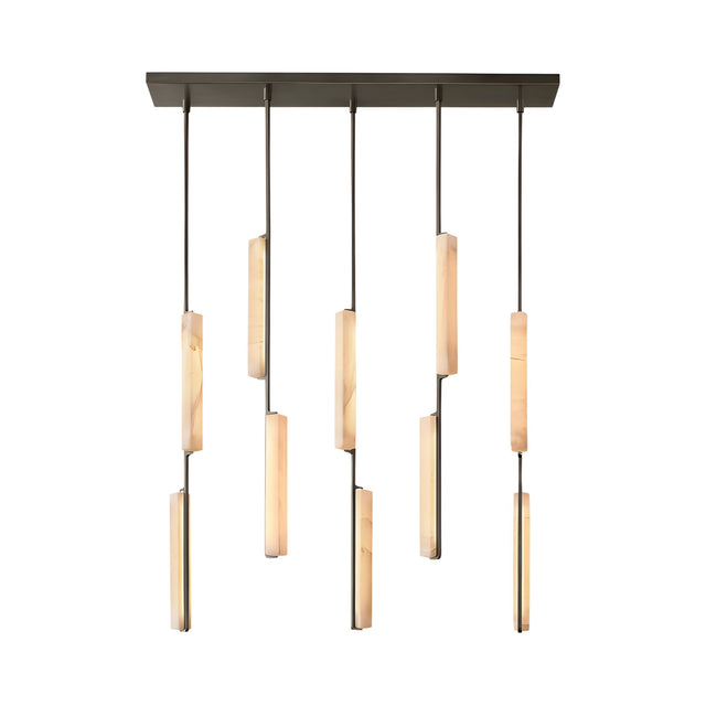 Niori Selvara 10 Light Vertical Alabaster Linear Chandelier in matt black with staggered alabaster batons on a rectangular canopy, plain white background.