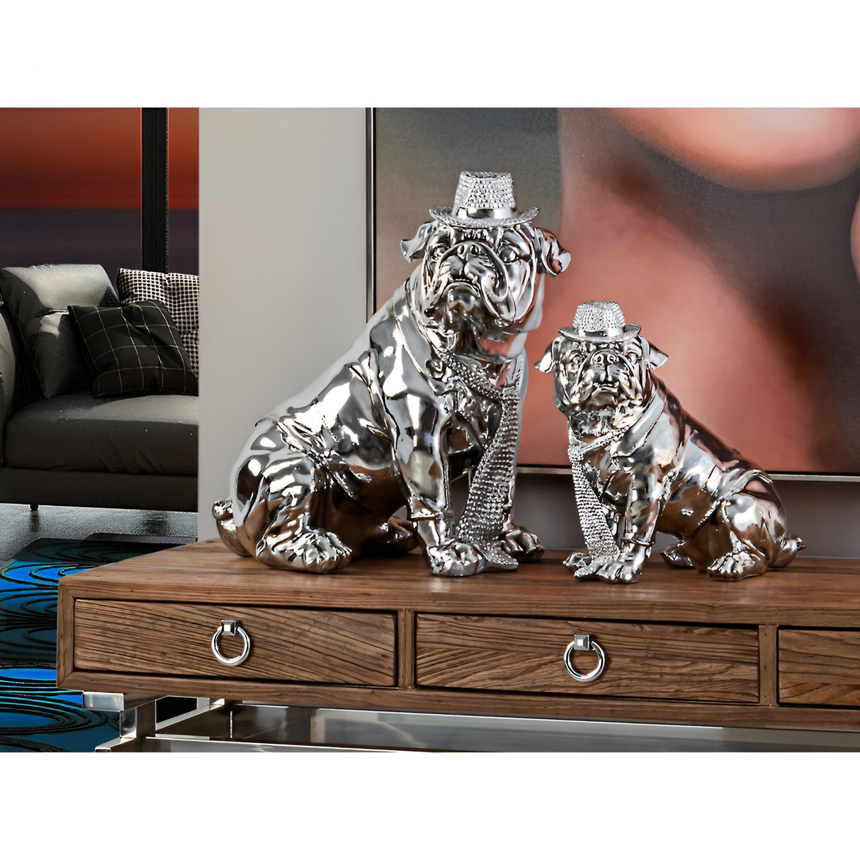 Bull Dog Chrome Electroplated Seated Figurine - 44cm