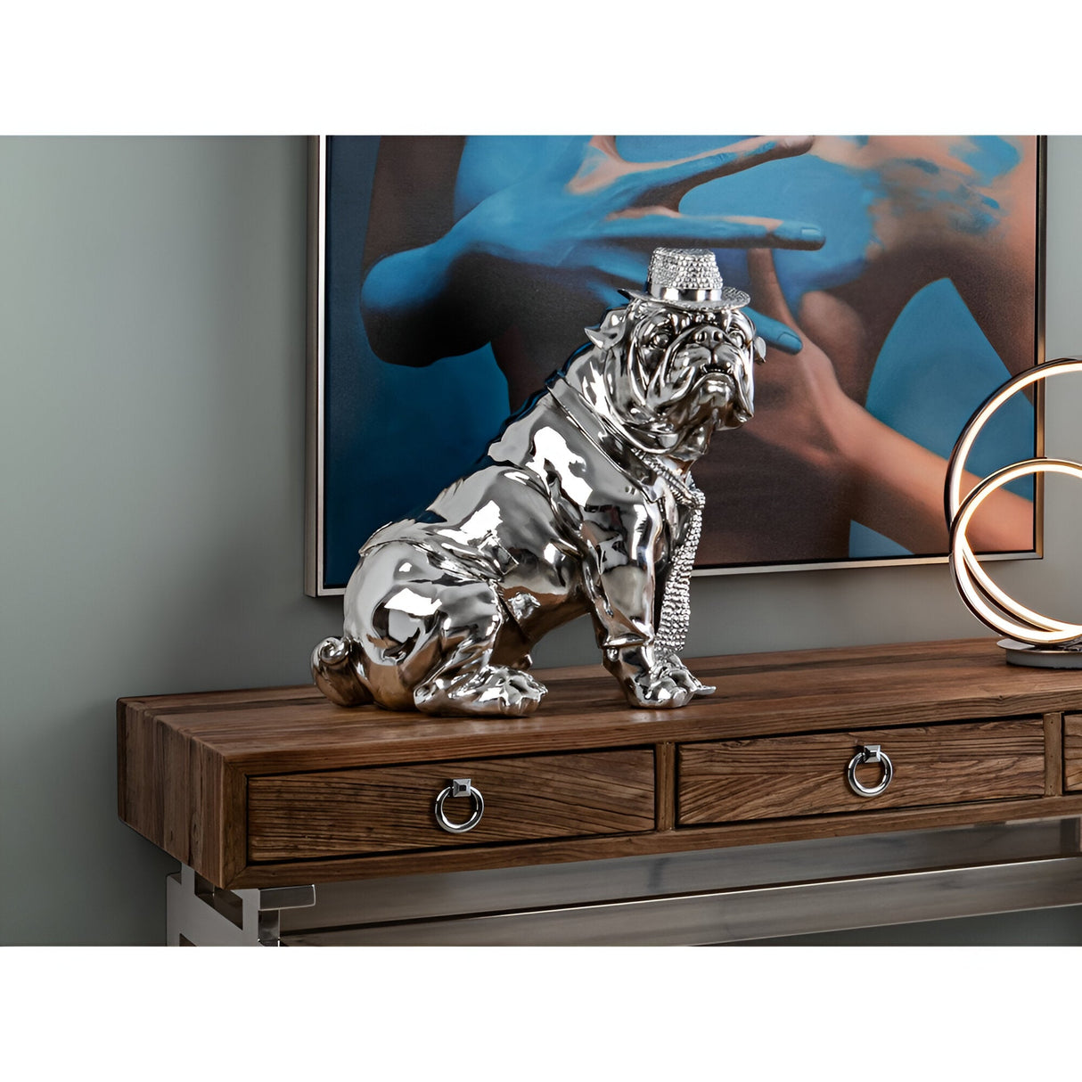 Bull Dog Chrome Electroplated Seated Figurine - 44cm