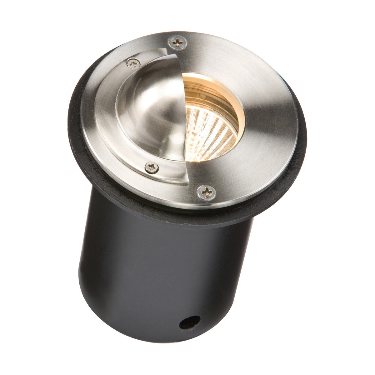 The Outdoor Recessed Walkover Ground Light Stainless Steel is a recessed ground fitting with an IP65 rating. It features a domed cover and visible bulb, designed as a circular fixture for outdoor lighting, utilizing a GU10 lamp and mounted on a black cylindrical base.