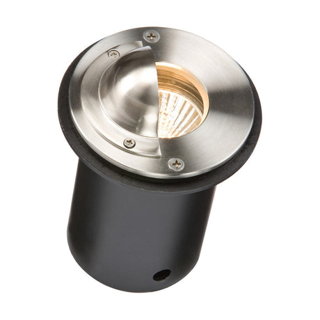 The Outdoor Recessed Walkover Ground Light Stainless Steel is a recessed ground fitting with an IP65 rating. It features a domed cover and visible bulb, designed as a circular fixture for outdoor lighting, utilizing a GU10 lamp and mounted on a black cylindrical base.