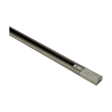 Product Description: The Single Circuit Track 10A Satin Nickel 1m features a sleek metal sliding rail with a rectangular mechanism at one end, adorned with satin nickel accents. This silver rail incorporates a black interior channel, designed for smooth sliding motion in furniture or cabinetry applications.