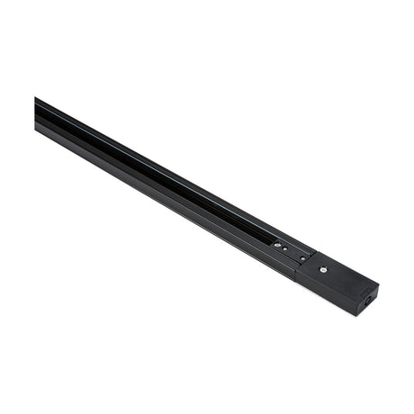 The Single Circuit Track 10A Black 3m is a sleek, black aluminum track bar with a glossy finish. It is diagonally oriented and includes small holes for mounting or adjustments, designed specifically for 230V single circuit tracks, and its minimalist elegance stands out against a plain white background.