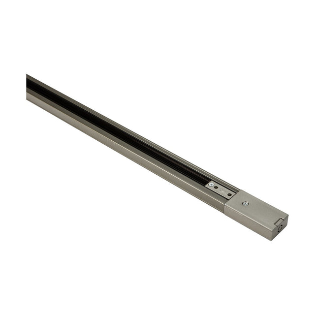 Close-up of the Single Circuit Track 10A Satin Nickel 3m, showcasing its aluminum construction with a long rod and rectangular base. The satin nickel finish enhances the sleek appearance of the silver track, which features a dark groove along its length, perfect for mechanical or industrial applications.