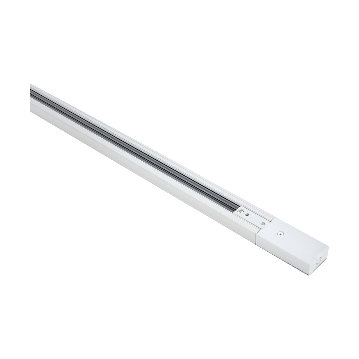 A Single Circuit Track 10A White 3m LED light system with a sleek, rectangular design and aluminium construction is displayed against a plain white background. Boasting an IP20 rating and designed for a 230V track, this light track offers a modern, minimalistic appearance ideal for contemporary interiors.