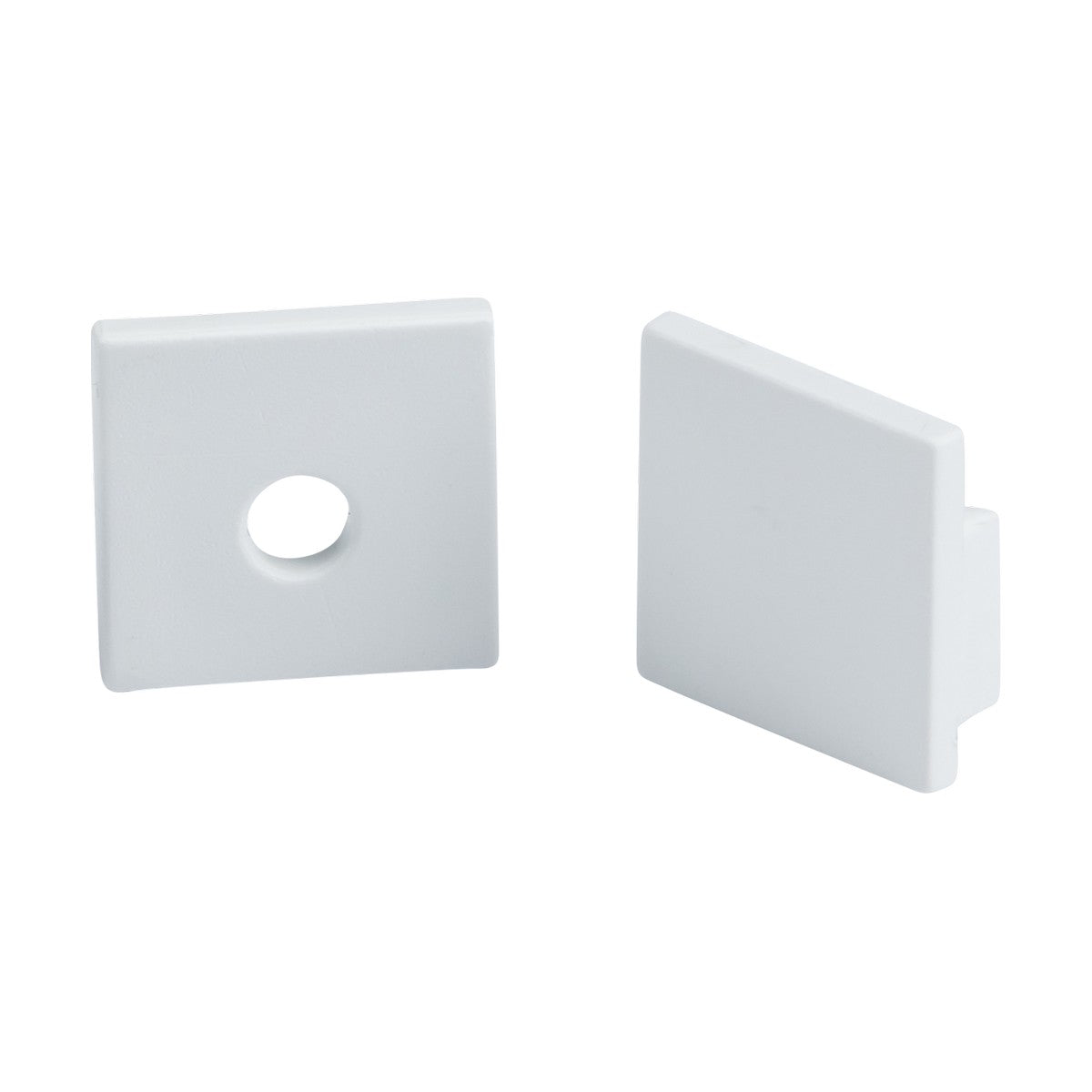 Two Aluminium Plaster In Profile End Caps in white, one with a central circular opening and the other solid, are showcased against a pristine white background.