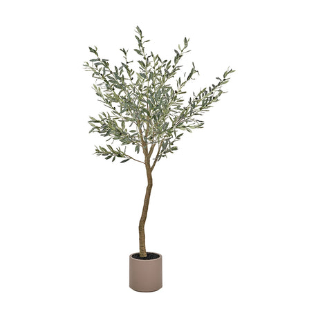 Large Olive Tree in Pot, 210cm artificial tree with textured trunk and green foliage in a round taupe pot, set against a plain white background.