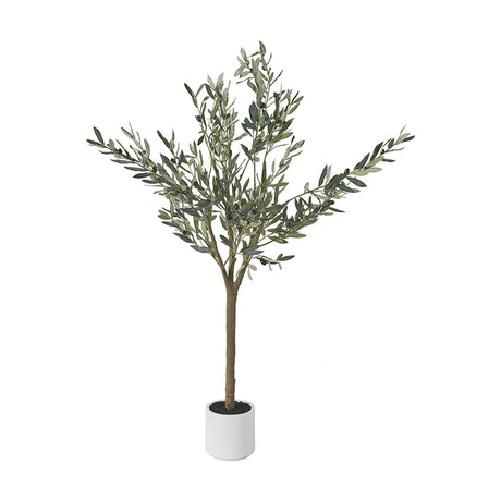 Medium Olive Tree in Pot, 150cm faux tree with green leaves on a slender trunk in a round white pot, shown on a plain white background.