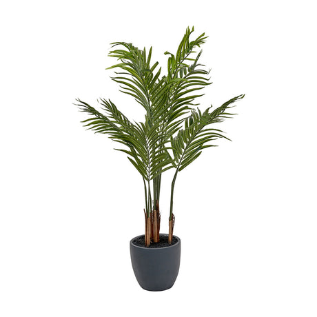 Artificial Areca Palm Plant in Pot, 120cm, with green fronds rising from a dark grey round planter, shown on a plain white background.