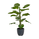 Elephant Ear Plant in Pot, 120cm faux plant with broad green leaves on tall stems, set in a round dark grey concrete-look pot against a plain white background.