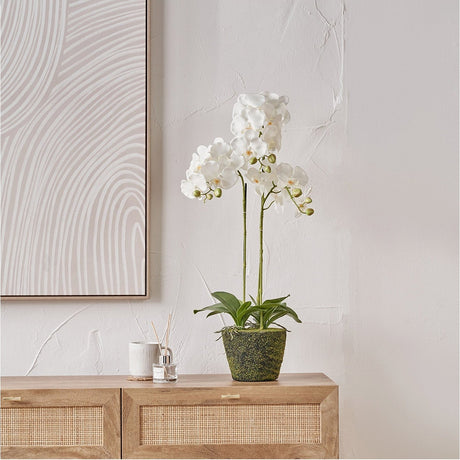 Medium White Orchid in Moss Pot Artificial Plant, 80cm, with green leaves in a moss-textured pot, displayed on a wooden sideboard against a plain white wall.
