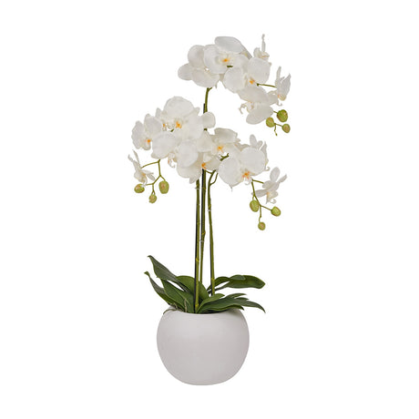 Artificial white orchid plant, 80cm tall, with layered blooms and green leaves in a round white pot, set against a plain white background.