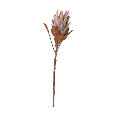 Artificial Mulberry Protea flower stem, 12cm wide bloom in dusky mauve and brown with rust-toned leaves on a brown textured stem, shown on a plain white background.