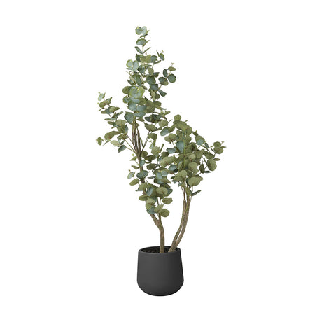 Artificial tree in a round matte black pot, 130cm tall, with green rounded eucalyptus-style leaves on multiple slender stems, shown against a plain white background.
