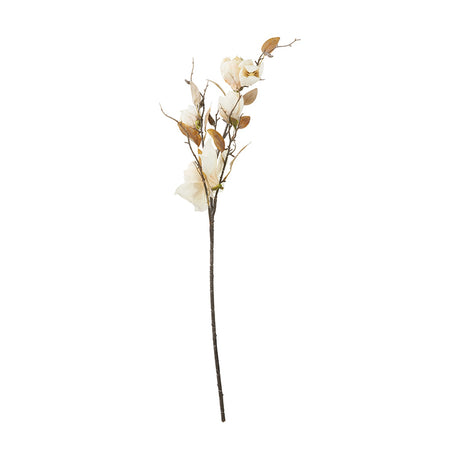 Artificial magnolia stem with cream flowers, brown buds and leaves on a slender brown branch, shown against a plain white background.
