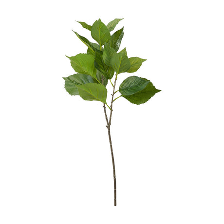 Artificial hydrangea leaf spray with green foliage on a slender brown stem, 33cm, shown against a plain white background.