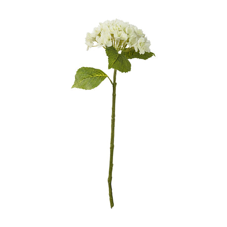 Artificial white hydrangea stem with a rounded cluster of small florets, green serrated leaves, and a slender textured stem, shown against a plain white background.