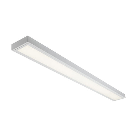 The 40W LED Dual Mount Slim Line Light is a rectangular, modern luminaire featuring a sleek white frame. It provides soft white illumination with an energy-efficient design suitable for ceiling installation.