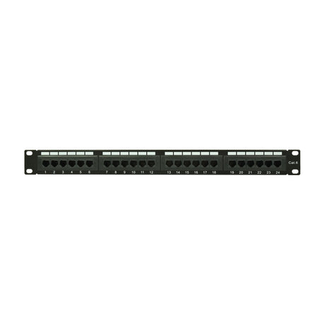 Adastra CAT6-24IDC 24-port 1U rackmount patch panel with RJ45 sockets in four blocks of six and numbered labels, in black, on a white background.