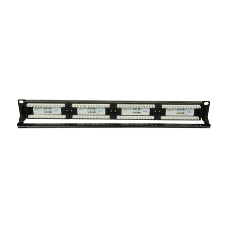 Rear view of the Adastra CAT6-24IDC 24-port 1U patch panel by AVSL, showing IDC punch-down blocks in groups of six on a black rackmount frame.