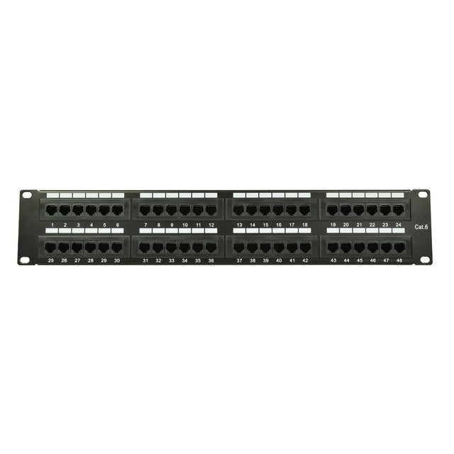Depicted is the Adastra 48-Port CAT6 IDC Patch Panel 2U + Cable Management, featuring 48 RJ45 sockets labeled from 1 to 48. This patch panel is specifically designed for Category 6 Ethernet connections, making it ideal for organizing and connecting network cables in data centers and communication rooms. It includes cable management bars that enhance its functionality by ensuring efficient cable organization.