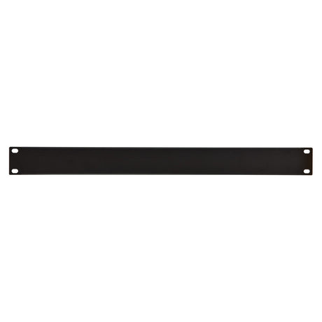 The Adastra 1U Blank Rack Panel 19" is a black rectangular panel made from powder-coated steel, designed with four screw holes, one in each corner, for easy rack mounting. Its plain and smooth surface makes it perfect for use as a blanking panel in standard equipment racks.