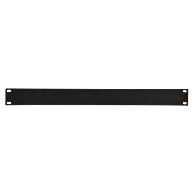 The Adastra 1U Blank Rack Panel 19" is a black rectangular panel made from powder-coated steel, designed with four screw holes, one in each corner, for easy rack mounting. Its plain and smooth surface makes it perfect for use as a blanking panel in standard equipment racks.