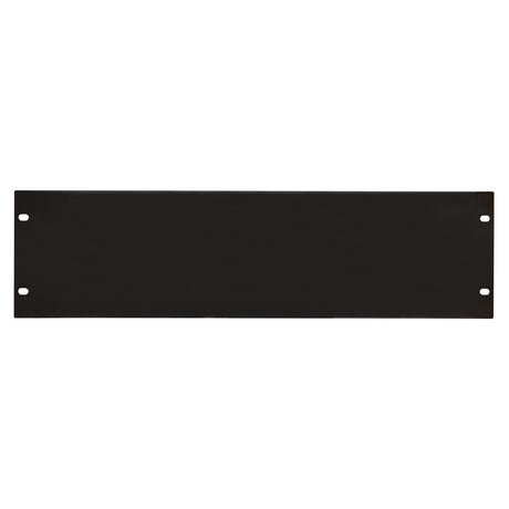 The Adastra 3U Blank Rack Panel 19" is a black rectangular panel made from powder-coated steel, featuring four screw holes in each corner. Its 3U design makes it ideal for seamless integration into your rack setup as a mounting blanking panel.
