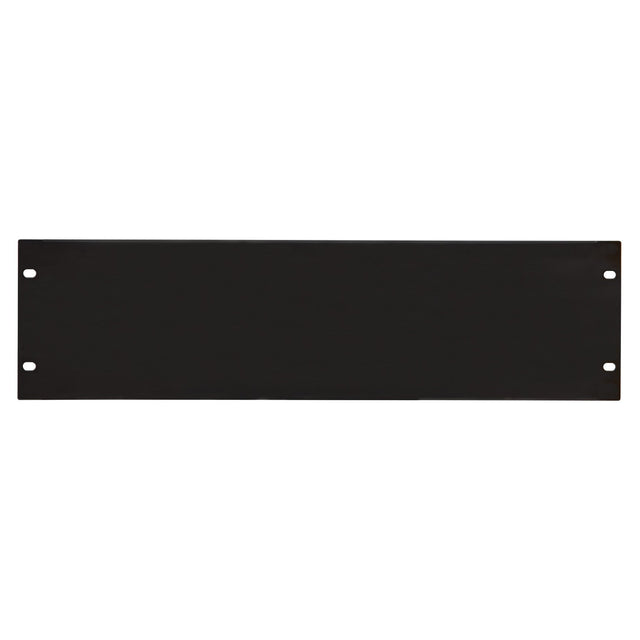The Adastra 3U Blank Rack Panel 19" is a black rectangular panel made from powder-coated steel, featuring four screw holes in each corner. Its 3U design makes it ideal for seamless integration into your rack setup as a mounting blanking panel.