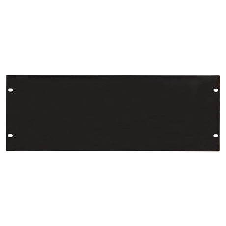 The Adastra 4U Blank Rack Panel 19" is a rectangular black metal plate made from powder-coated steel. It has rounded corners and includes four holes for rack mounting, one in each corner. Its smooth, untextured surface presents a sleek contrast against the plain white background.