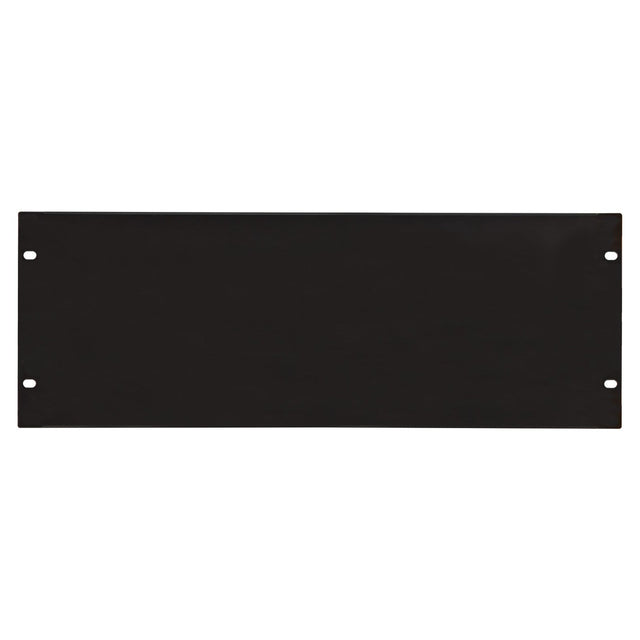 The Adastra 4U Blank Rack Panel 19" is a rectangular black metal plate made from powder-coated steel. It has rounded corners and includes four holes for rack mounting, one in each corner. Its smooth, untextured surface presents a sleek contrast against the plain white background.