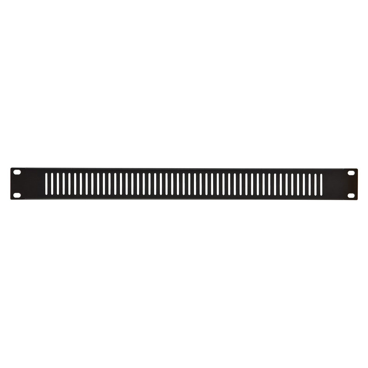 The Adastra 1U Vented Rack Panel 19" is a sleek black rack mounting blanking panel made from powder-coated steel, equipped with ventilation slots and four corner screw holes for secure installation.