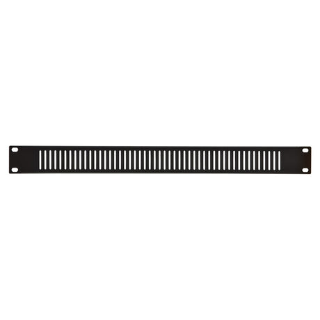 The Adastra 1U Vented Rack Panel 19" is a sleek black rack mounting blanking panel made from powder-coated steel, equipped with ventilation slots and four corner screw holes for secure installation.