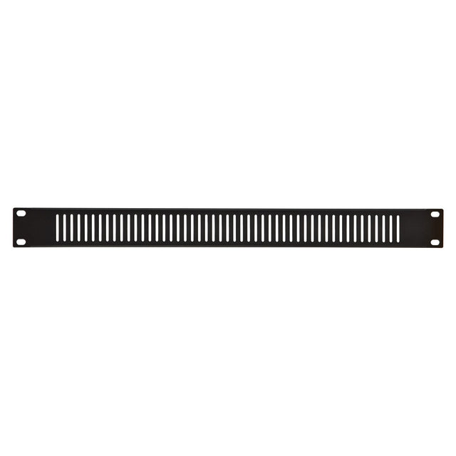 The Adastra 1U Vented Rack Panel 19" is a sleek black rack mounting blanking panel made from powder-coated steel, equipped with ventilation slots and four corner screw holes for secure installation.