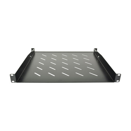 Adastra 19SS-1UD 1U rack support shelf in matte black steel with slotted vented surface and adjustable rear brackets, shown on a plain white background.