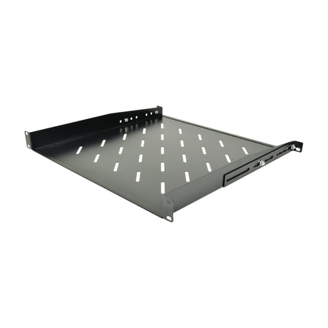 Adastra 19SS-1UD 1U black metal rack support shelf with slotted surface and adjustable rear brackets, shown on a plain white background.