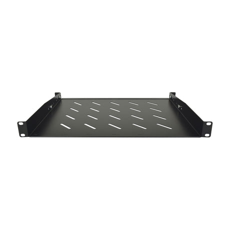 Adastra 19SS-1US 1U black steel 19" rack support shelf with vented slotted platform and side mounting brackets, shown on a plain white background.