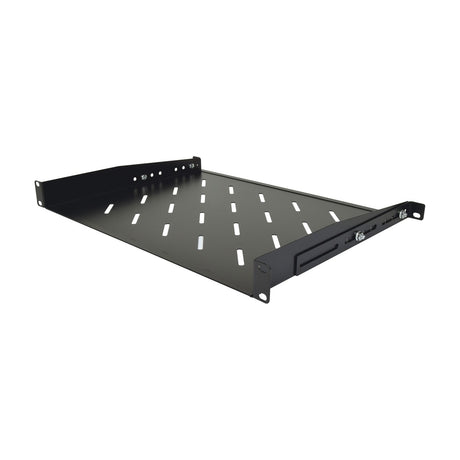 Adastra 19SS-1US 1U black steel rack support shelf with slotted platform and adjustable rear brackets, shown on a plain white background.