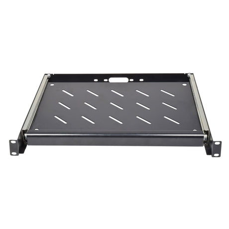 The Adastra 1U Sliding Keyboard Tray Unit is a black metal rackmount server shelf featuring slotted ventilation holes and side mounting brackets, ideal for integration into a 1U rack cabinet.