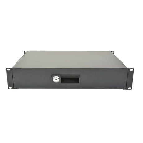 The Adastra 19" Lockable Rack Drawer 2U is a black rackmount server case with a metal front panel that includes a security lock on the left side and a centrally positioned handle. It is crafted to fit into a 19" rack cabinet, equipped with mounting brackets on each side for easy installation in any server rack.