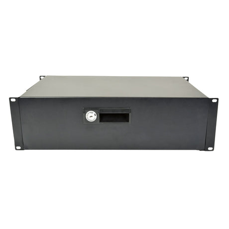 The Adastra 19" Lockable Rack Drawer 3U, designed to fit a 19" rack cabinet, features a lockable front panel to ensure secure access with the included keyhole and handle. It includes mounting brackets on each corner for easy installation in any server setup.