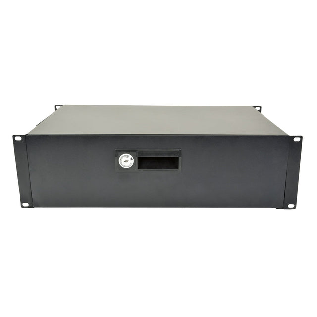 The Adastra 19" Lockable Rack Drawer 3U, designed to fit a 19" rack cabinet, features a lockable front panel to ensure secure access with the included keyhole and handle. It includes mounting brackets on each corner for easy installation in any server setup.