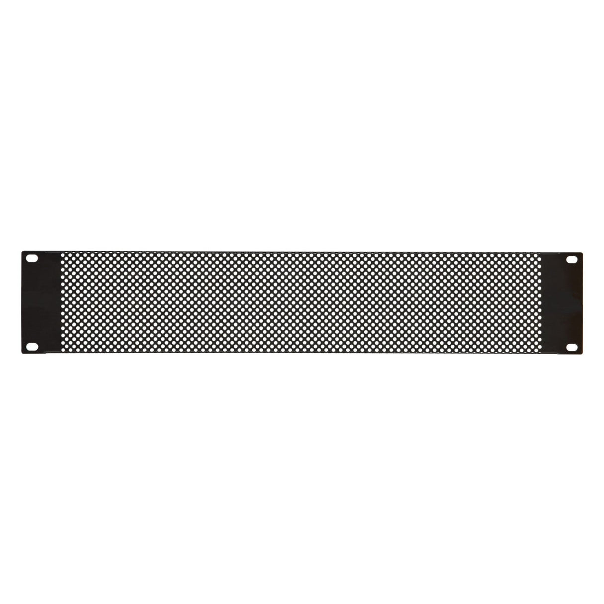 The Adastra 2U Perforated Rack Panel 19" is a rectangular black metal panel crafted from powder-coated steel, featuring a perforated grid pattern. It's designed for ventilation or protection in electronic or industrial equipment and includes four mounting holes, one at each corner, ensuring easy installation similar to rack mounting blanking panels.