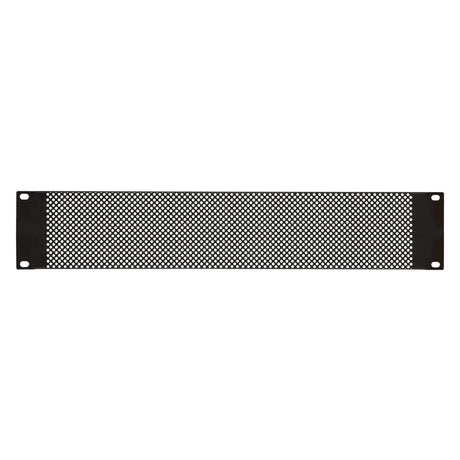 The Adastra 2U Perforated Rack Panel 19" is a rectangular black metal panel crafted from powder-coated steel, featuring a perforated grid pattern. It's designed for ventilation or protection in electronic or industrial equipment and includes four mounting holes, one at each corner, ensuring easy installation similar to rack mounting blanking panels.