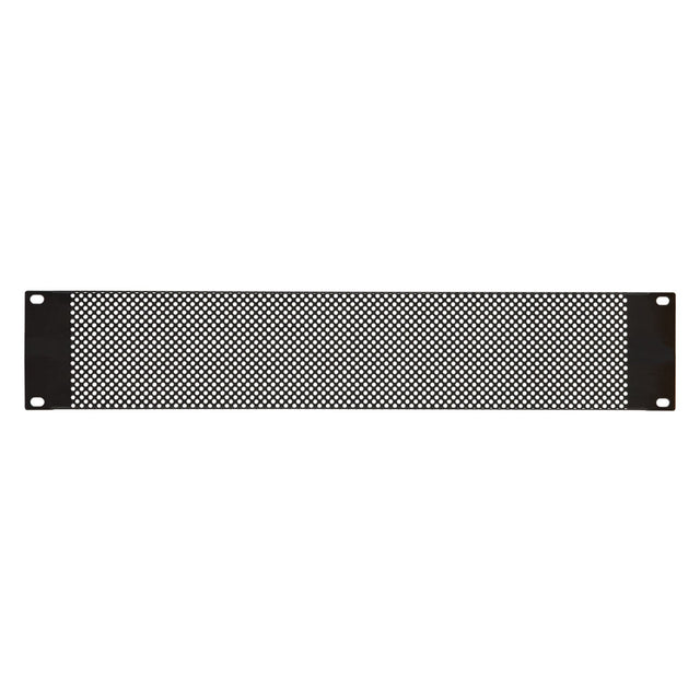 The Adastra 2U Perforated Rack Panel 19" is a rectangular black metal panel crafted from powder-coated steel, featuring a perforated grid pattern. It's designed for ventilation or protection in electronic or industrial equipment and includes four mounting holes, one at each corner, ensuring easy installation similar to rack mounting blanking panels.