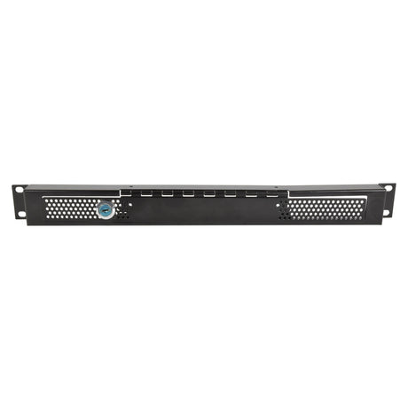 The Adastra 1U Rack Security Mesh Plate is displayed in a front view as a black rackmount panel with a steel mesh front, featuring perforations and a blue dial on the left side. It includes mounting holes on each end for installation in server racks or equipment enclosures, ensuring secure placement for your rack-mount equipment.