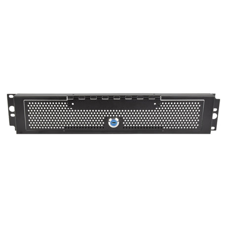 Introducing the Adastra 2U Rack Security Mesh Plate, a black metal panel with perforated holes and a central blue circular feature. This product is designed for electronic or hardware installation and is ideal for rack-mount equipment, featuring convenient mounting holes on the sides.