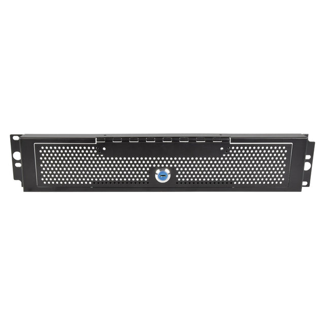 Introducing the Adastra 2U Rack Security Mesh Plate, a black metal panel with perforated holes and a central blue circular feature. This product is designed for electronic or hardware installation and is ideal for rack-mount equipment, featuring convenient mounting holes on the sides.